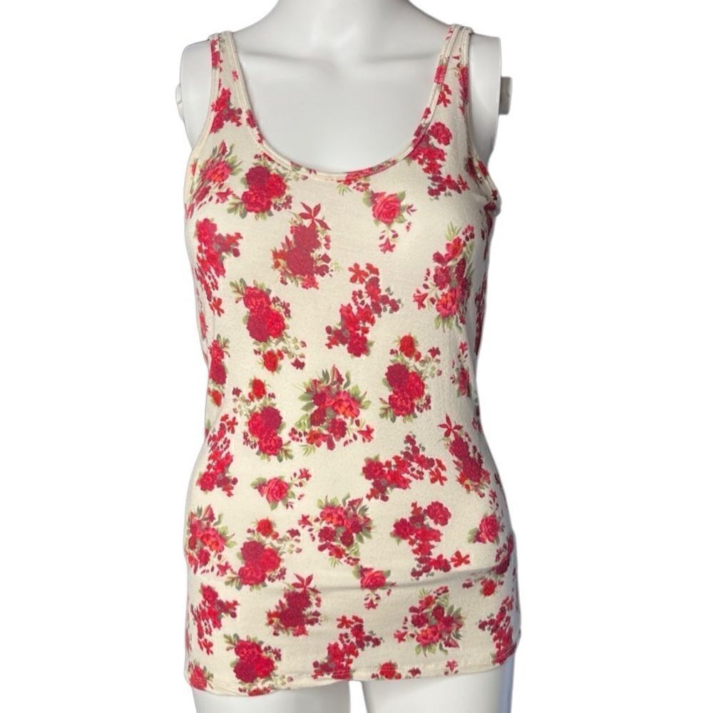 Full Tilt Floral Soft Casual Tank Top Cream & Red Size Medium
